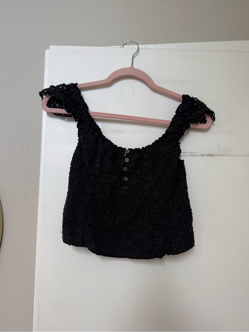 Free People Black Eyelet Button-Front Crop Top